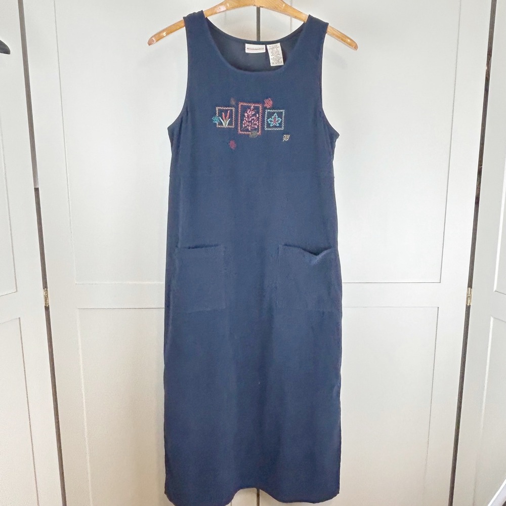 Expressions Jumper Dress Womens Medium Navy Blue Faux Suede Embroidered Nature